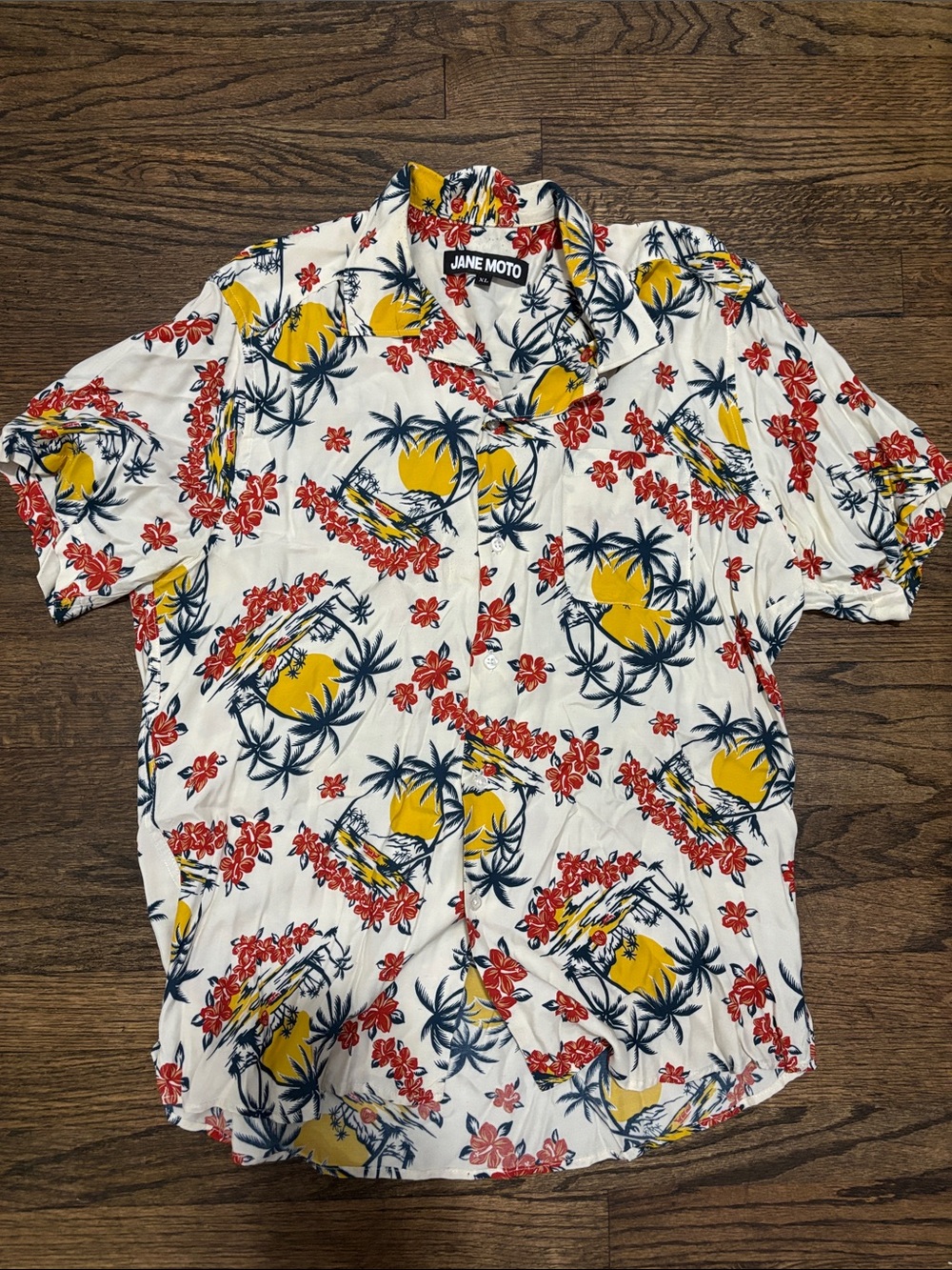 White Hawaiian Button-Down Shirt with Yellow & Red Print